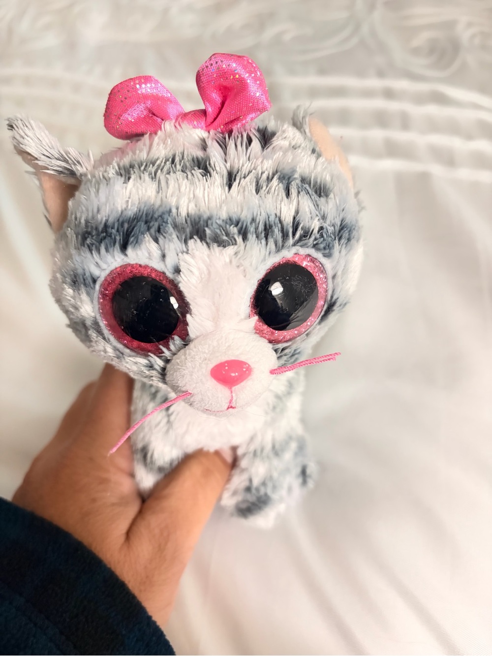 Ty Grey & White Plush Kitty with Pink Bow and Accents